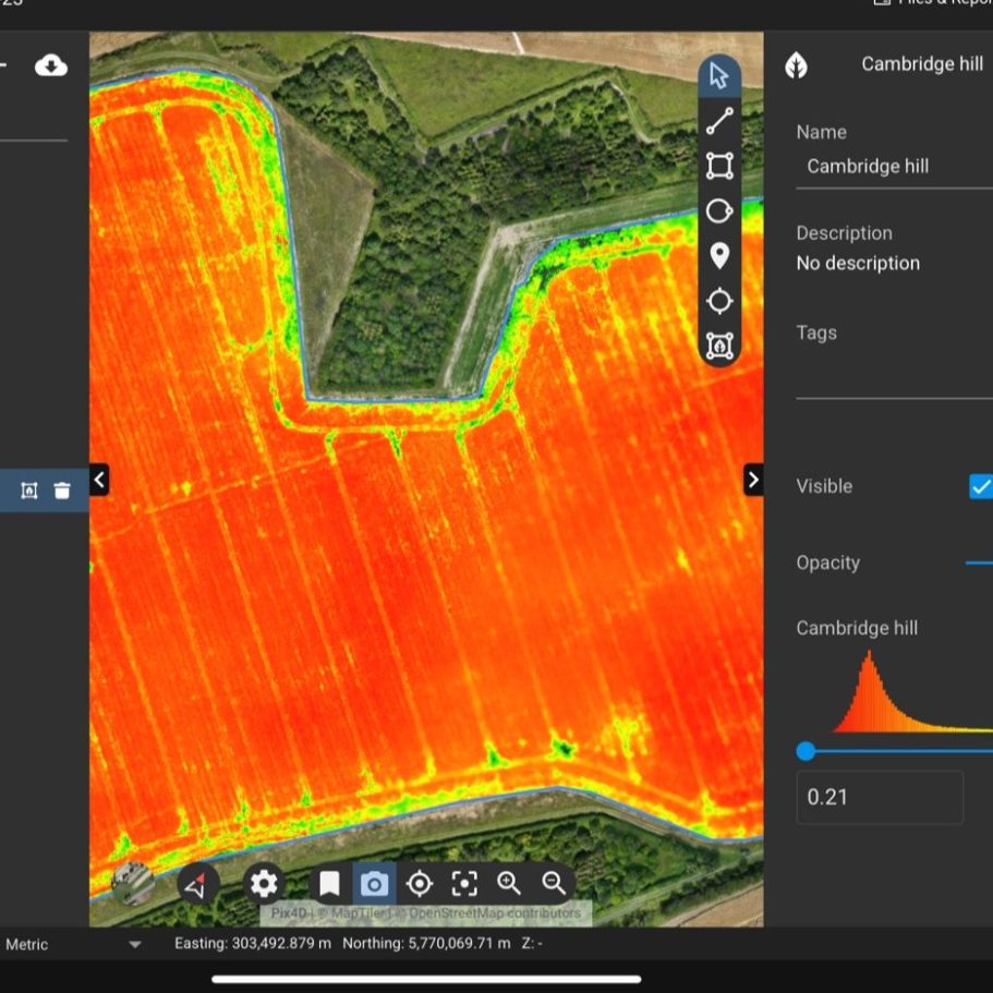 NDVI image Vibrant thermal image of a field, highlighting variations in temperature across the landscape.