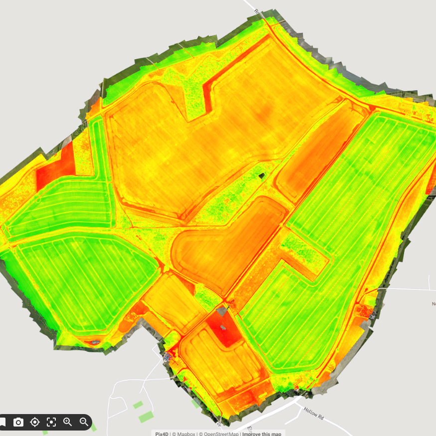 NDVI map Heat map of agricultural land, displaying temperature variations across fields.